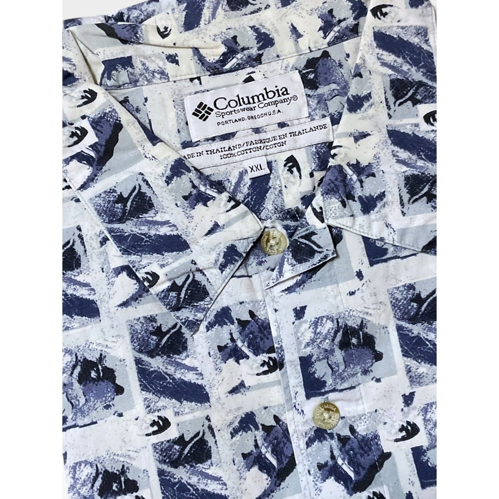 Columbia Sportswear Mens XXL Blue White Graphic Print Cotton Button Up‎ Shirt